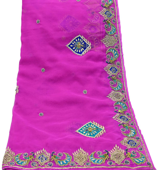 Indian Vintage Bridal Heavy Magenta Dupatta American Georgette  Hand Embroidered Rajputi Odhani Scarves Zari Zardozi Bollywood Wedding