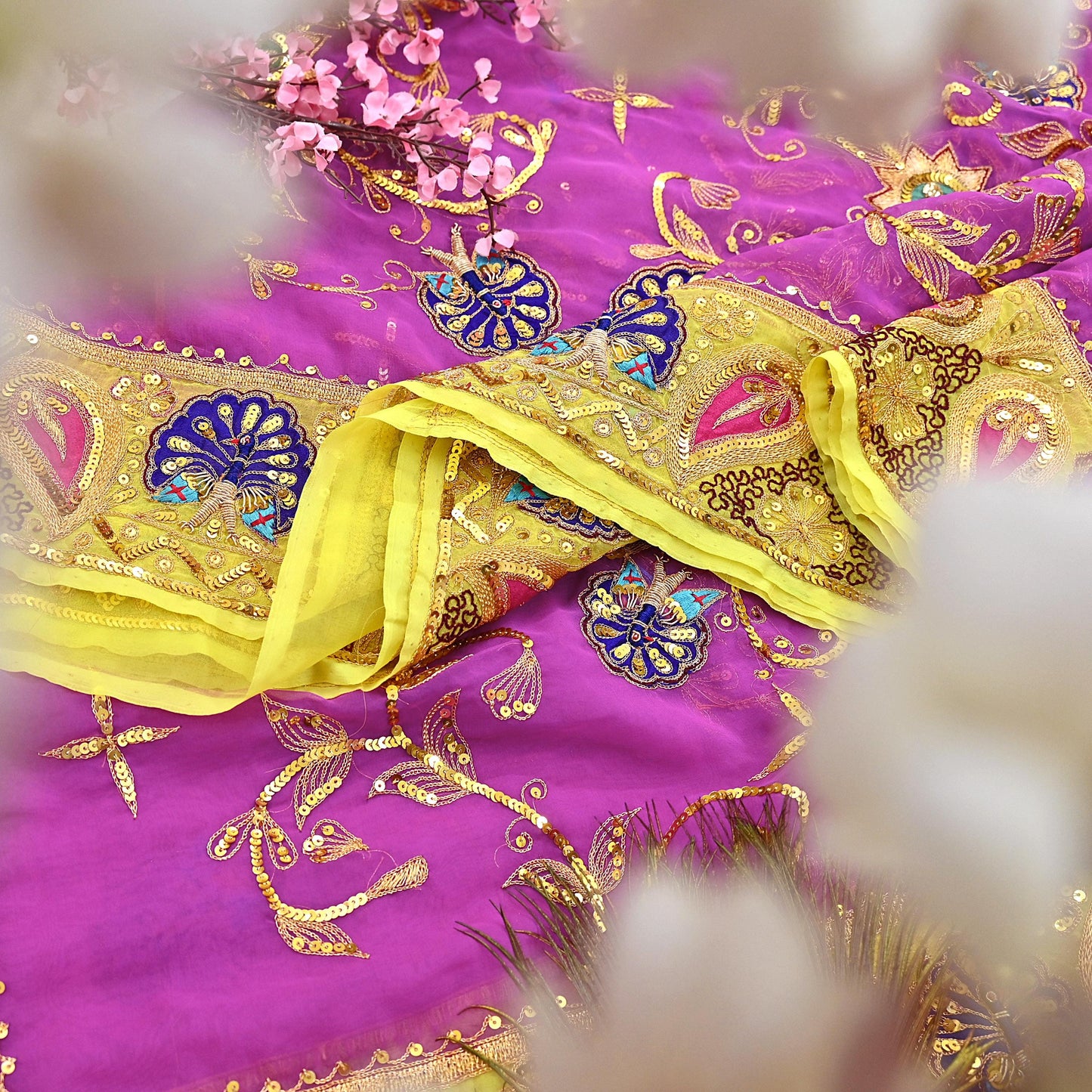 Indian Vintage Bridal Heavy Magenta Dupatta American Georgette  Hand Embroidered Rajputi Odhani Scarves Zari Zardozi Bollywood Wedding