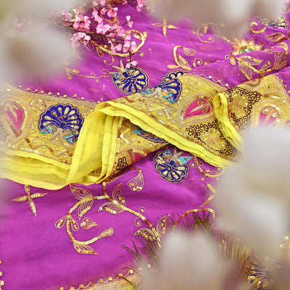 Indian Vintage Bridal Heavy Magenta Dupatta American Georgette  Hand Embroidered Rajputi Odhani Scarves Zari Zardozi Bollywood Wedding