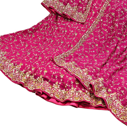 Indian Vintage Pink Pure Georgette Silk Hand Embroidered Lehenga 2pcs Set, Bollywood Wedding Wear