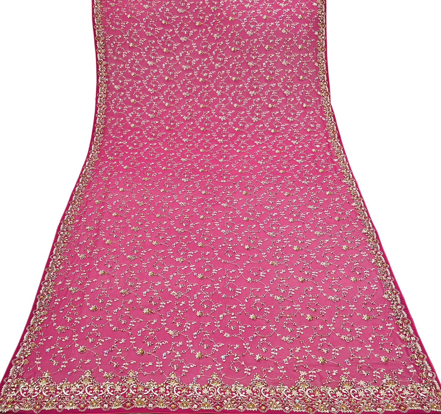 Indian Vintage Pink Pure Georgette Silk Hand Embroidered Lehenga 2pcs Set, Bollywood Wedding Wear
