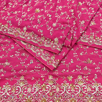 Indian Vintage Pink Pure Georgette Silk Hand Embroidered Lehenga 2pcs Set, Bollywood Wedding Wear