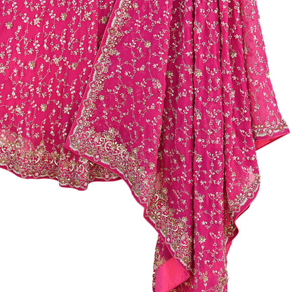 Indian Vintage Pink Pure Georgette Silk Hand Embroidered Lehenga 2pcs Set, Bollywood Wedding Wear
