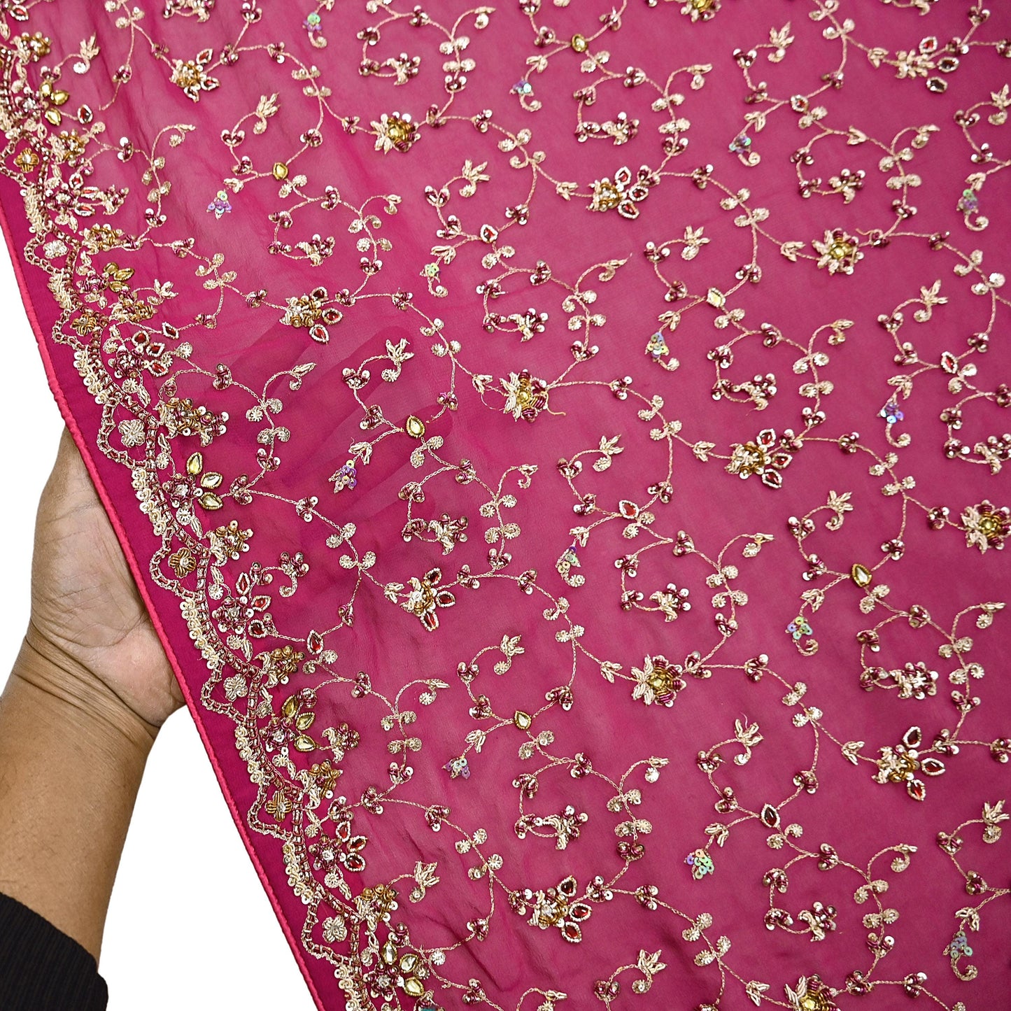 Indian Vintage Heavy Pink Bridal Dupatta Pure Georgette Silk Hand Embroidered Zardozi, Dabka, Zari Work Party Wear Long Stole