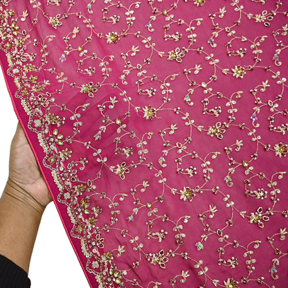 Indian Vintage Heavy Pink Bridal Dupatta Pure Georgette Silk Hand Embroidered Zardozi, Dabka, Zari Work Party Wear Long Stole