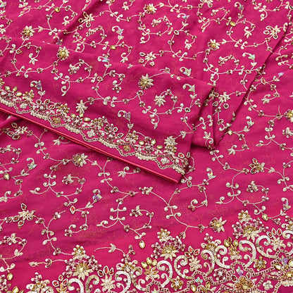Indian Vintage Heavy Pink Bridal Dupatta Pure Georgette Silk Hand Embroidered Zardozi, Dabka, Zari Work Party Wear Long Stole