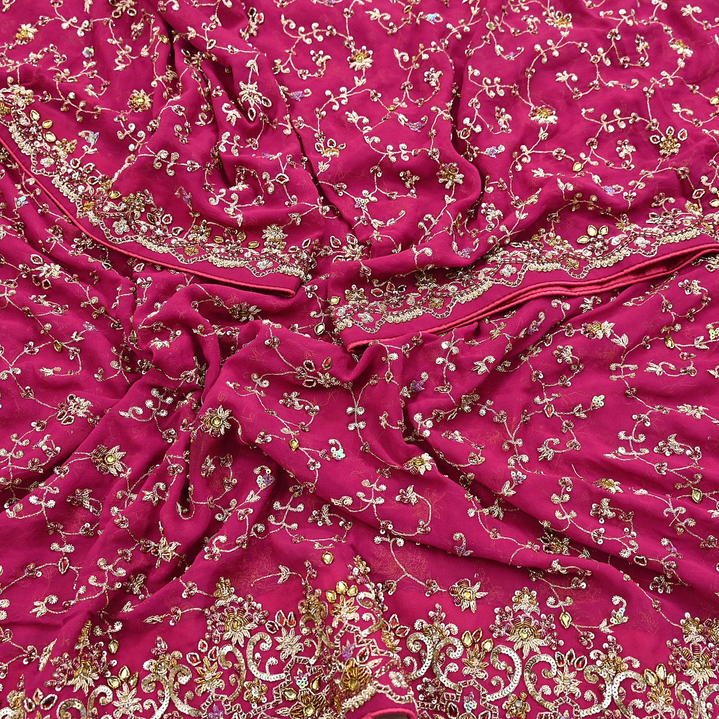 Indian Vintage Heavy Pink Bridal Dupatta Pure Georgette Silk Hand Embroidered Zardozi, Dabka, Zari Work Party Wear Long Stole