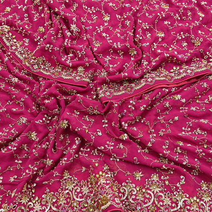 Indian Vintage Heavy Pink Bridal Dupatta Pure Georgette Silk Hand Embroidered Zardozi, Dabka, Zari Work Party Wear Long Stole