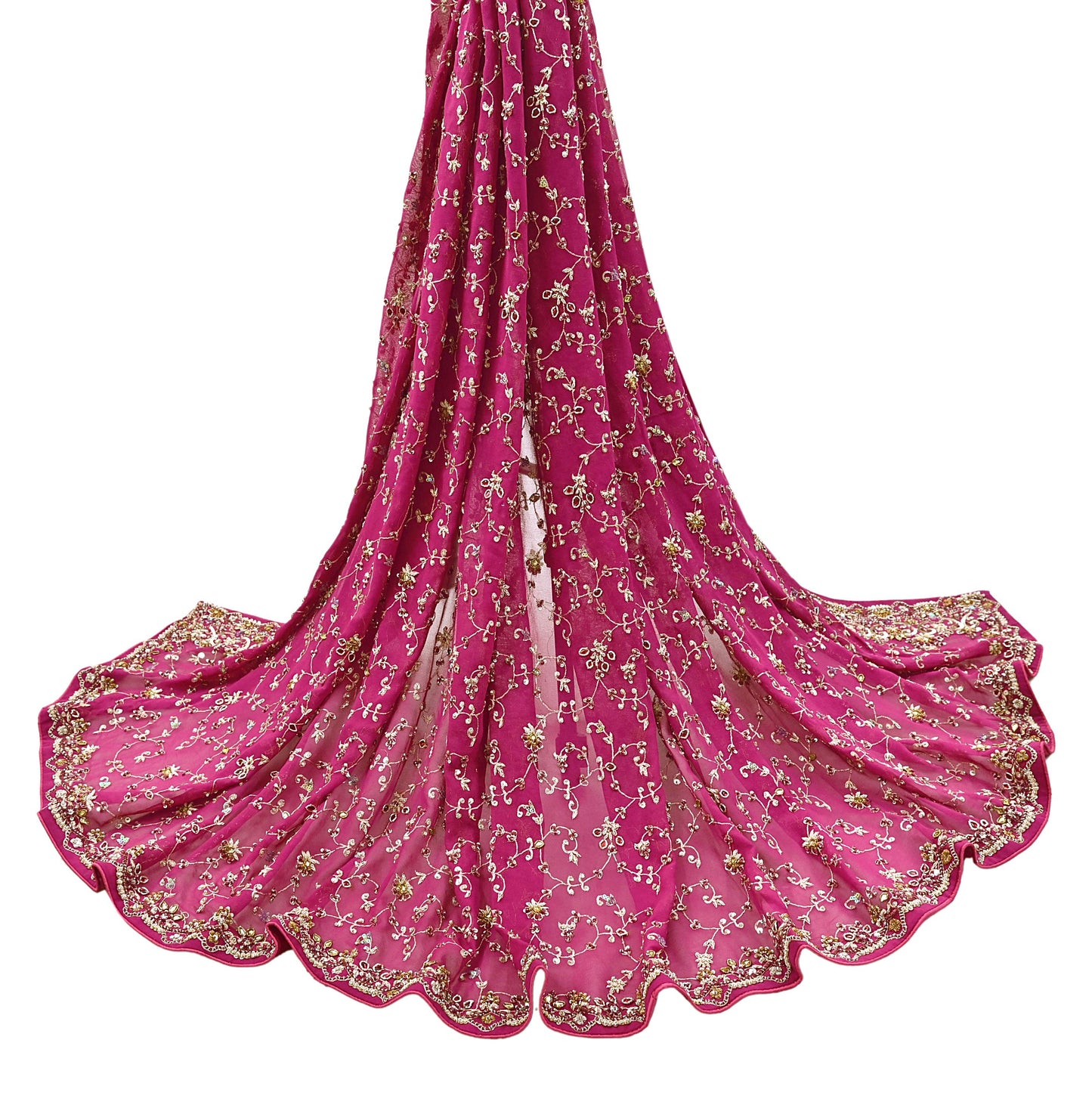 Indian Vintage Heavy Pink Bridal Dupatta Pure Georgette Silk Hand Embroidered Zardozi, Dabka, Zari Work Party Wear Long Stole