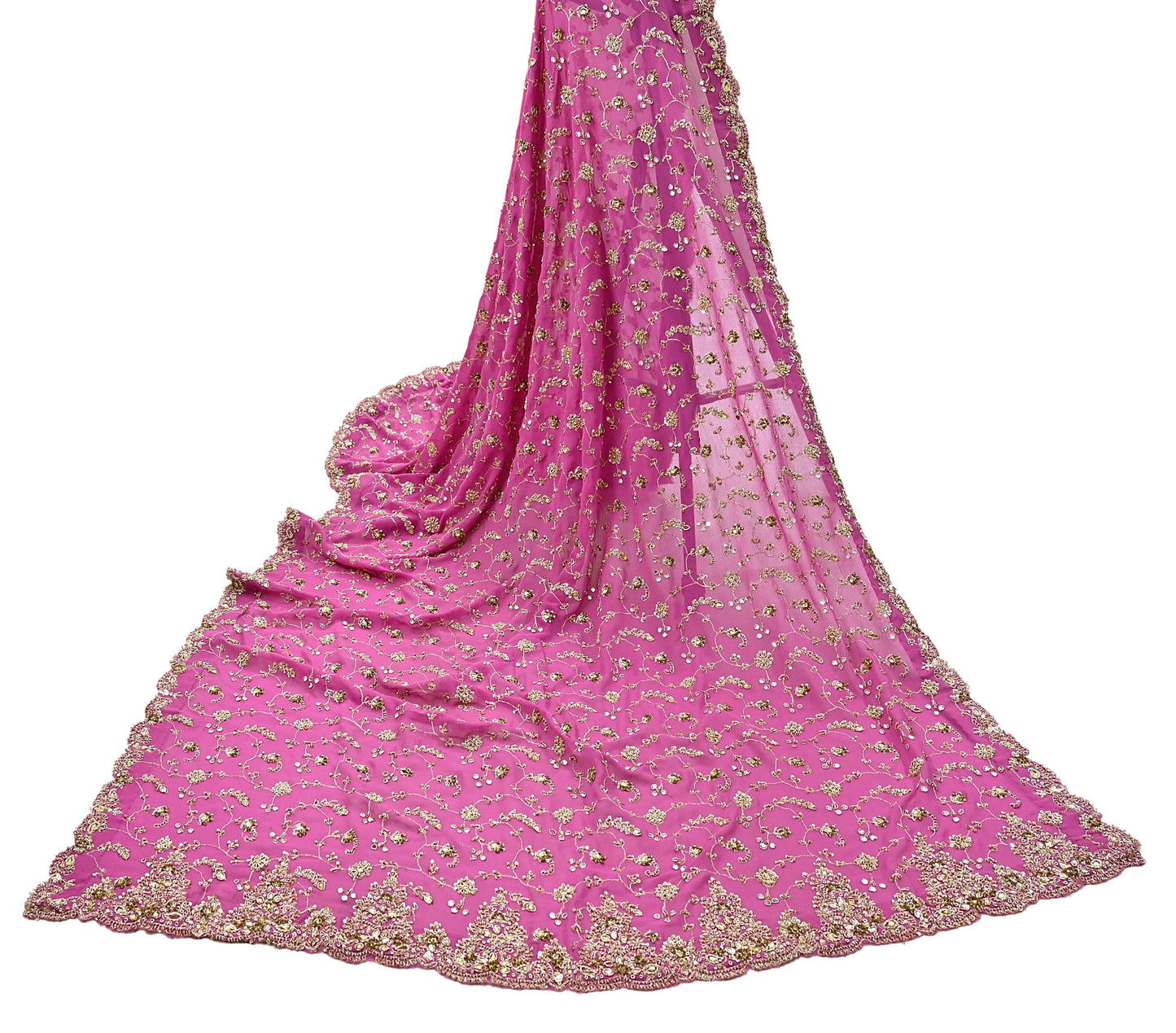Indian Vintage Pink Pure Georgette Silk Hand Embroidered Lehenga 2pcs Set, Bollywood Wedding Wear