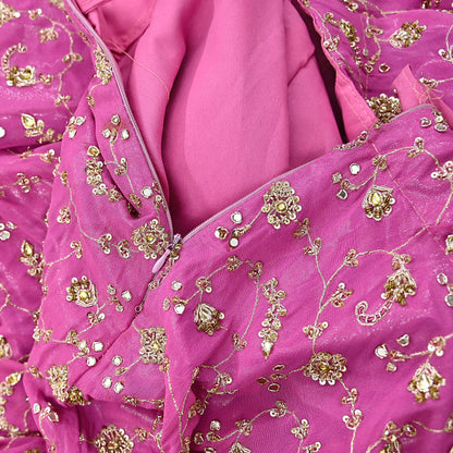 Indian Vintage Pink Pure Georgette Silk Hand Embroidered Lehenga 2pcs Set, Bollywood Wedding Wear