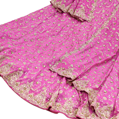 Indian Vintage Pink Pure Georgette Silk Hand Embroidered Lehenga 2pcs Set, Bollywood Wedding Wear