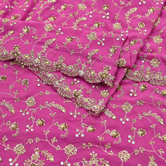 Indian Vintage Heavy Pink Bridal Dupatta Pure Georgette Silk Hand Embroidered Zardozi, Dabka, Zari Work Party Wear Long Stole