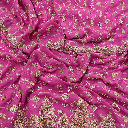 Indian Vintage Heavy Pink Bridal Dupatta Pure Georgette Silk Hand Embroidered Zardozi, Dabka, Zari Work Party Wear Long Stole