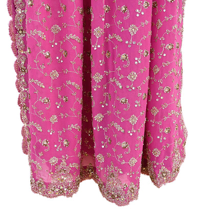 Indian Vintage Heavy Pink Bridal Dupatta Pure Georgette Silk Hand Embroidered Zardozi, Dabka, Zari Work Party Wear Long Stole