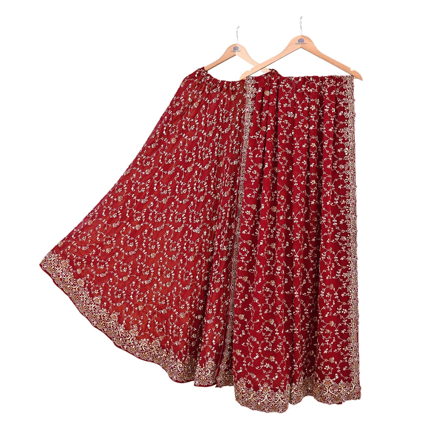 Indian Vintage Red Pure Georgette Silk Hand Embroidered Lehenga 2pcs Set, Bollywood Wedding Wear