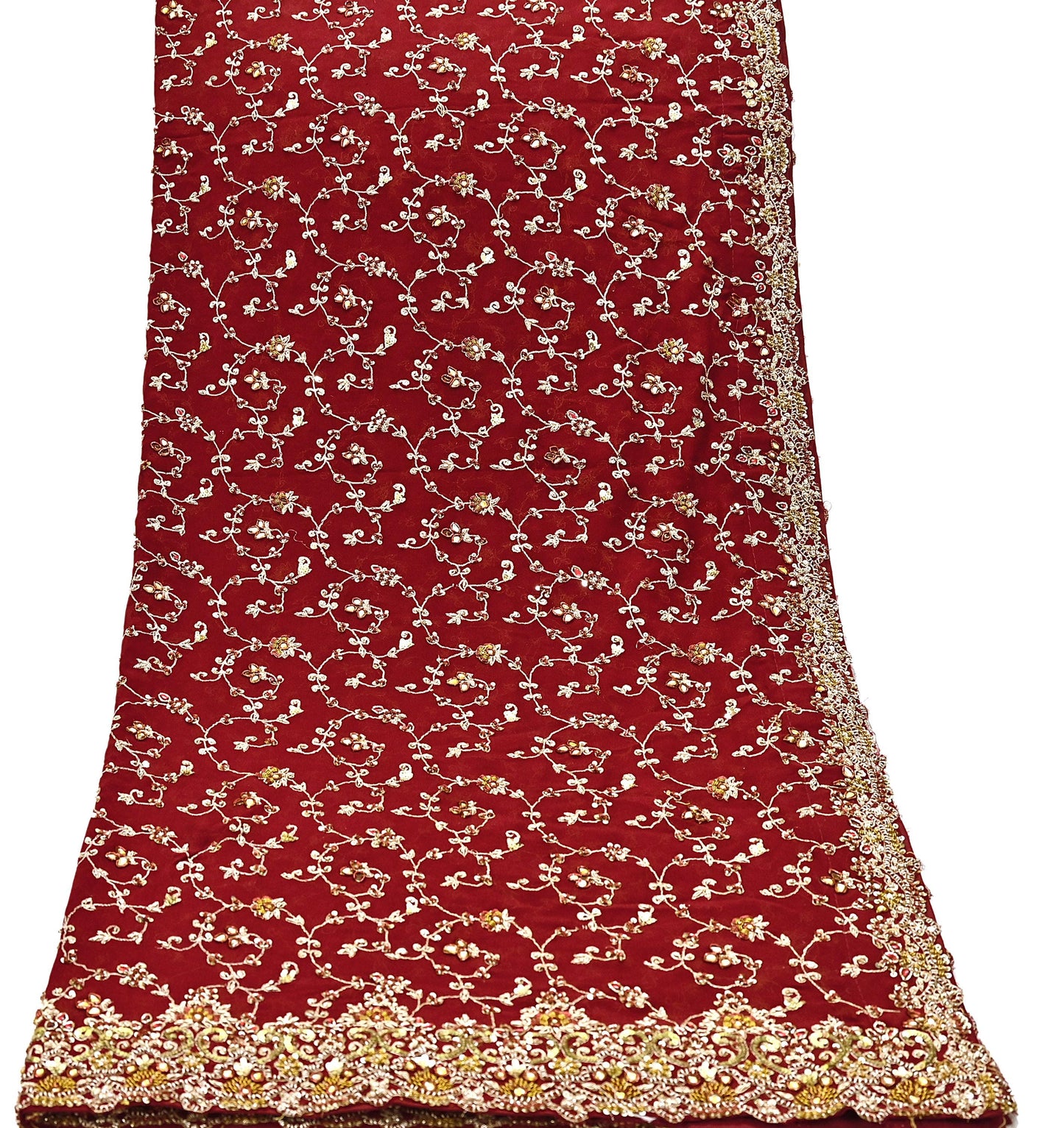 Indian Vintage Red Pure Georgette Silk Hand Embroidered Lehenga 2pcs Set, Bollywood Wedding Wear