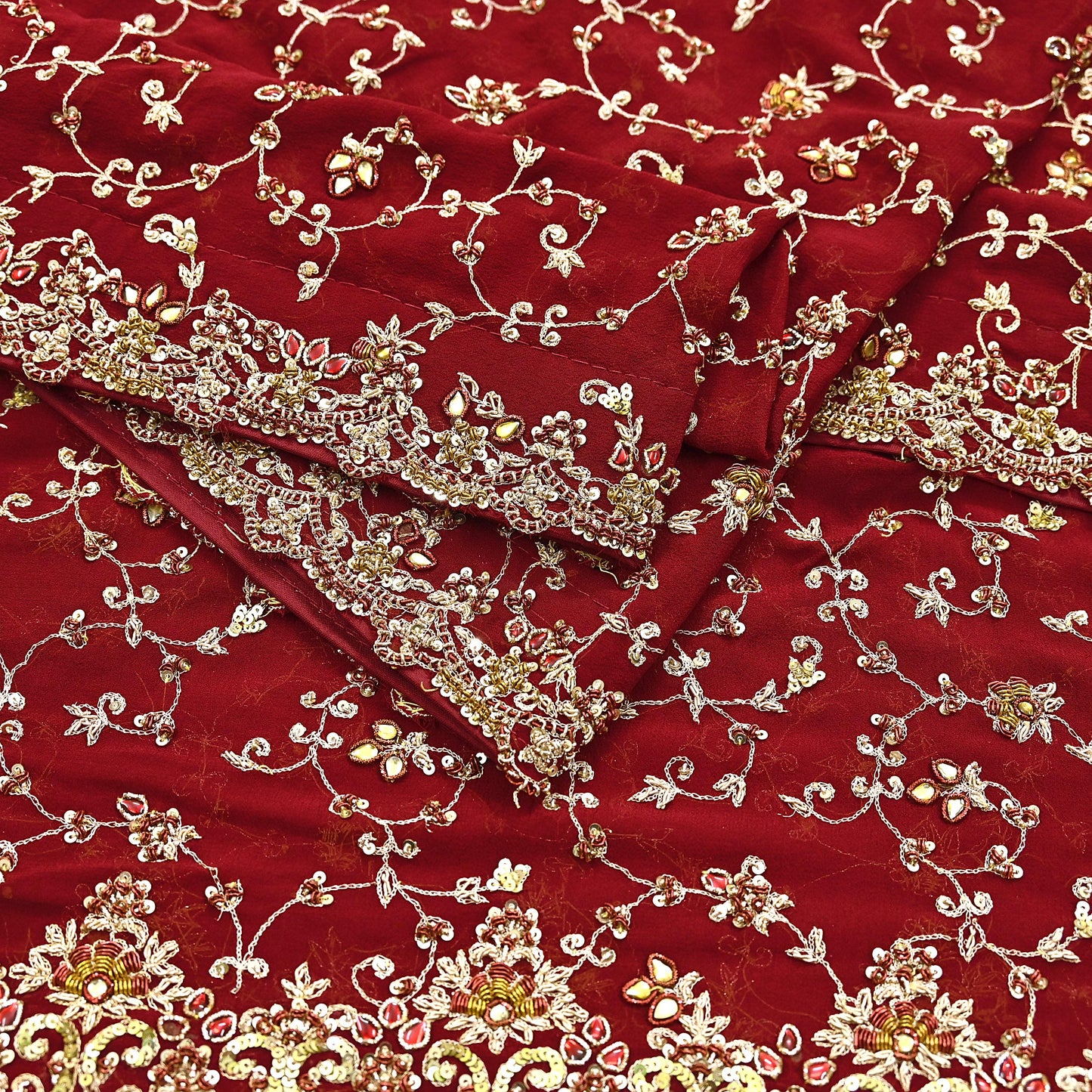 Indian Vintage Red Pure Georgette Silk Hand Embroidered Lehenga 2pcs Set, Bollywood Wedding Wear