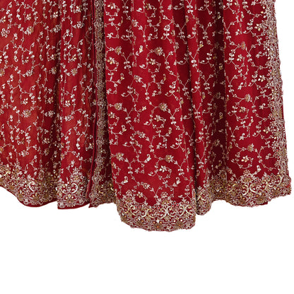 Indian Vintage Red Pure Georgette Silk Hand Embroidered Lehenga 2pcs Set, Bollywood Wedding Wear