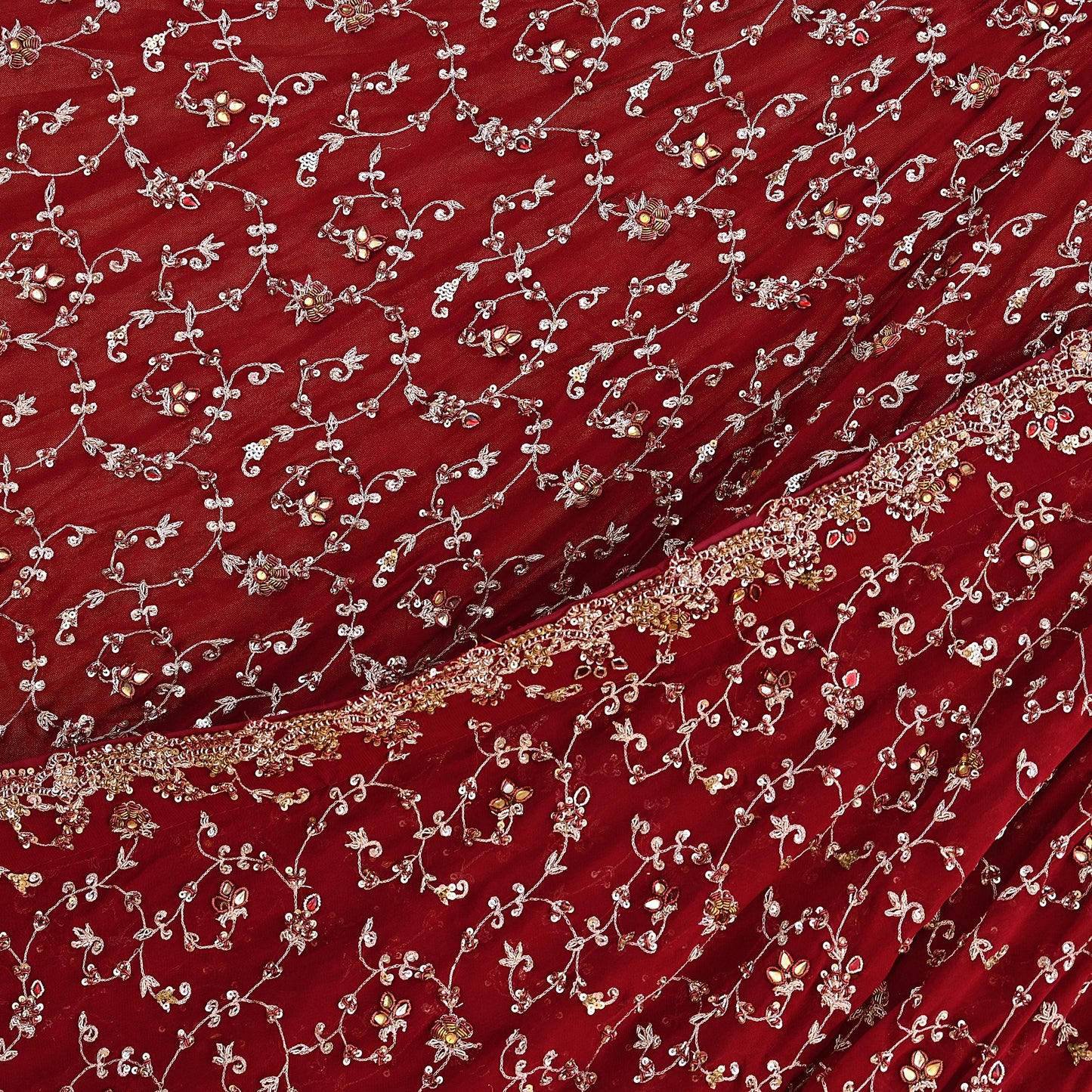 Indian Vintage Red Pure Georgette Silk Hand Embroidered Lehenga 2pcs Set, Bollywood Wedding Wear