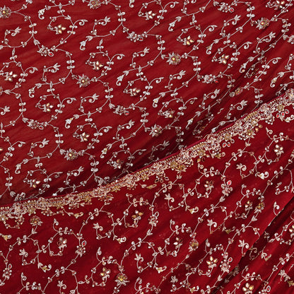 Indian Vintage Red Pure Georgette Silk Hand Embroidered Lehenga 2pcs Set, Bollywood Wedding Wear