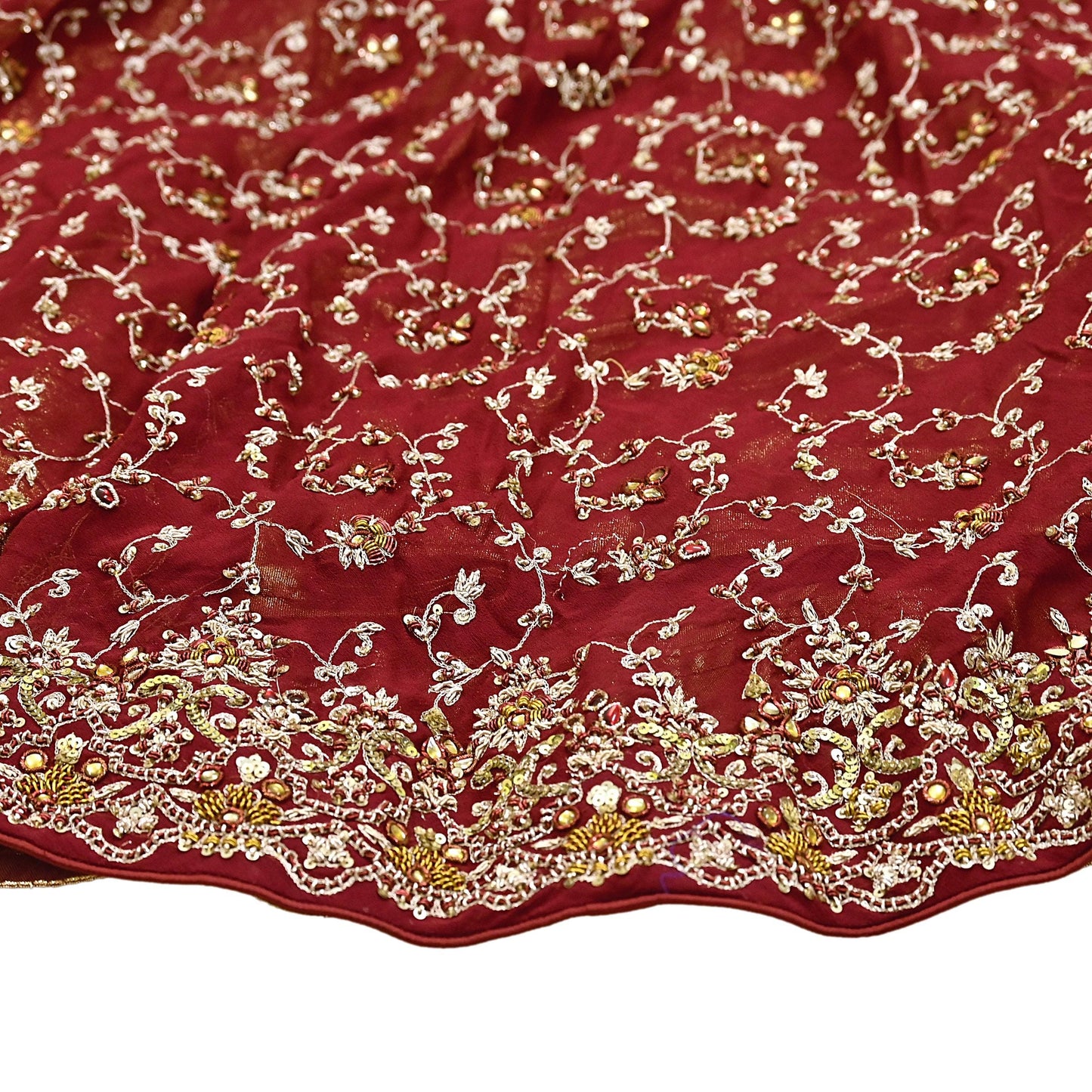 Indian Vintage Red Pure Georgette Silk Hand Embroidered Lehenga 2pcs Set, Bollywood Wedding Wear