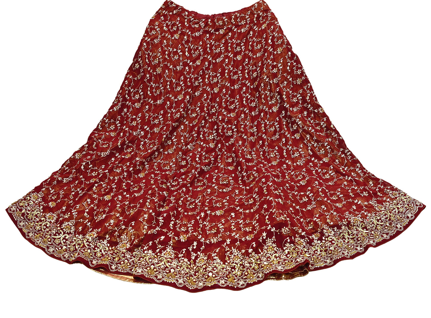 Indian Vintage Red Pure Georgette Silk Hand Embroidered Lehenga 2pcs Set, Bollywood Wedding Wear