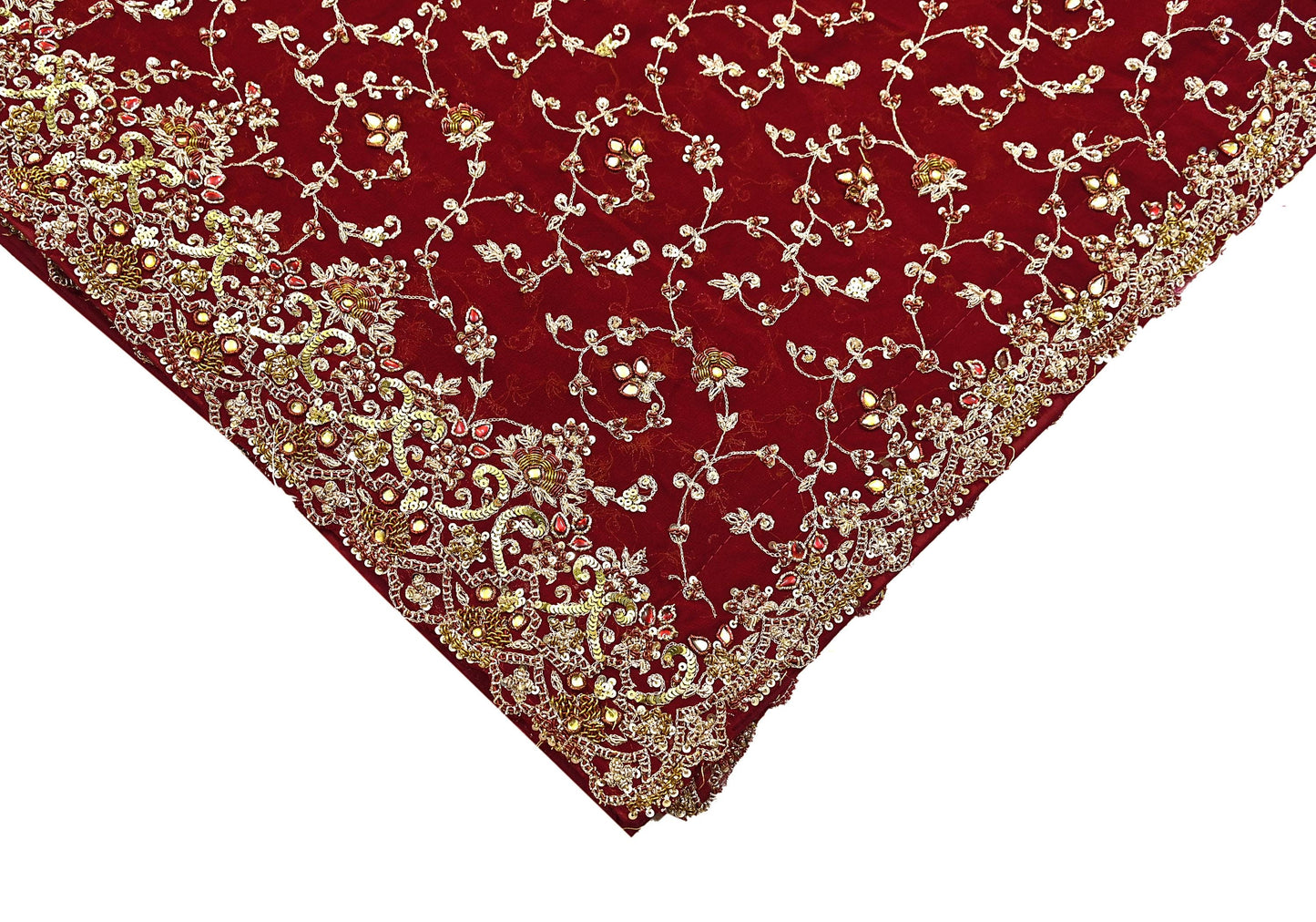 Indian Vintage Heavy Red Bridal Dupatta Pure Georgette Silk Hand Embroidered Zardozi, Dabka, Zari Work Party Wear Long Stole