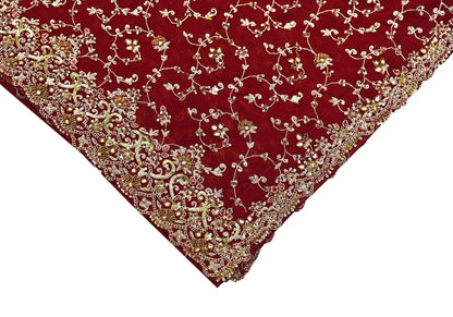 Indian Vintage Heavy Red Bridal Dupatta Pure Georgette Silk Hand Embroidered Zardozi, Dabka, Zari Work Party Wear Long Stole