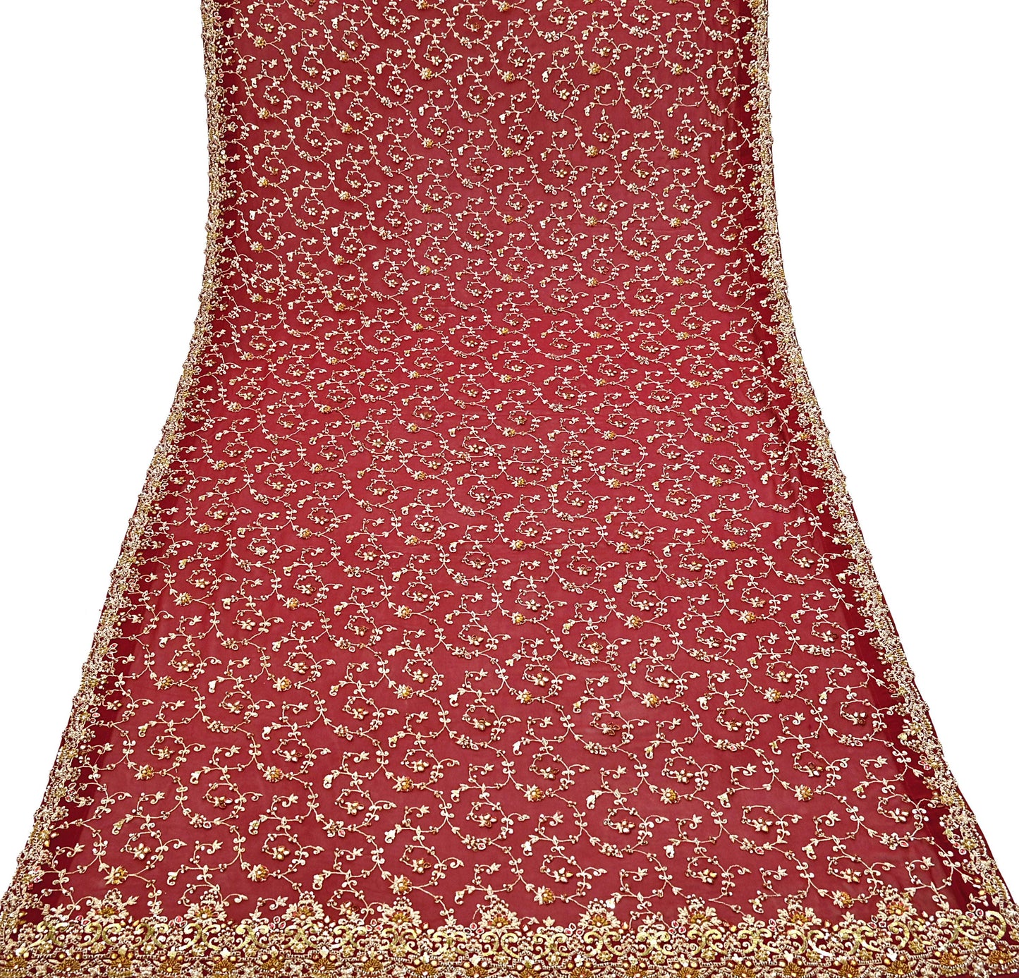 Indian Vintage Heavy Red Bridal Dupatta Pure Georgette Silk Hand Embroidered Zardozi, Dabka, Zari Work Party Wear Long Stole