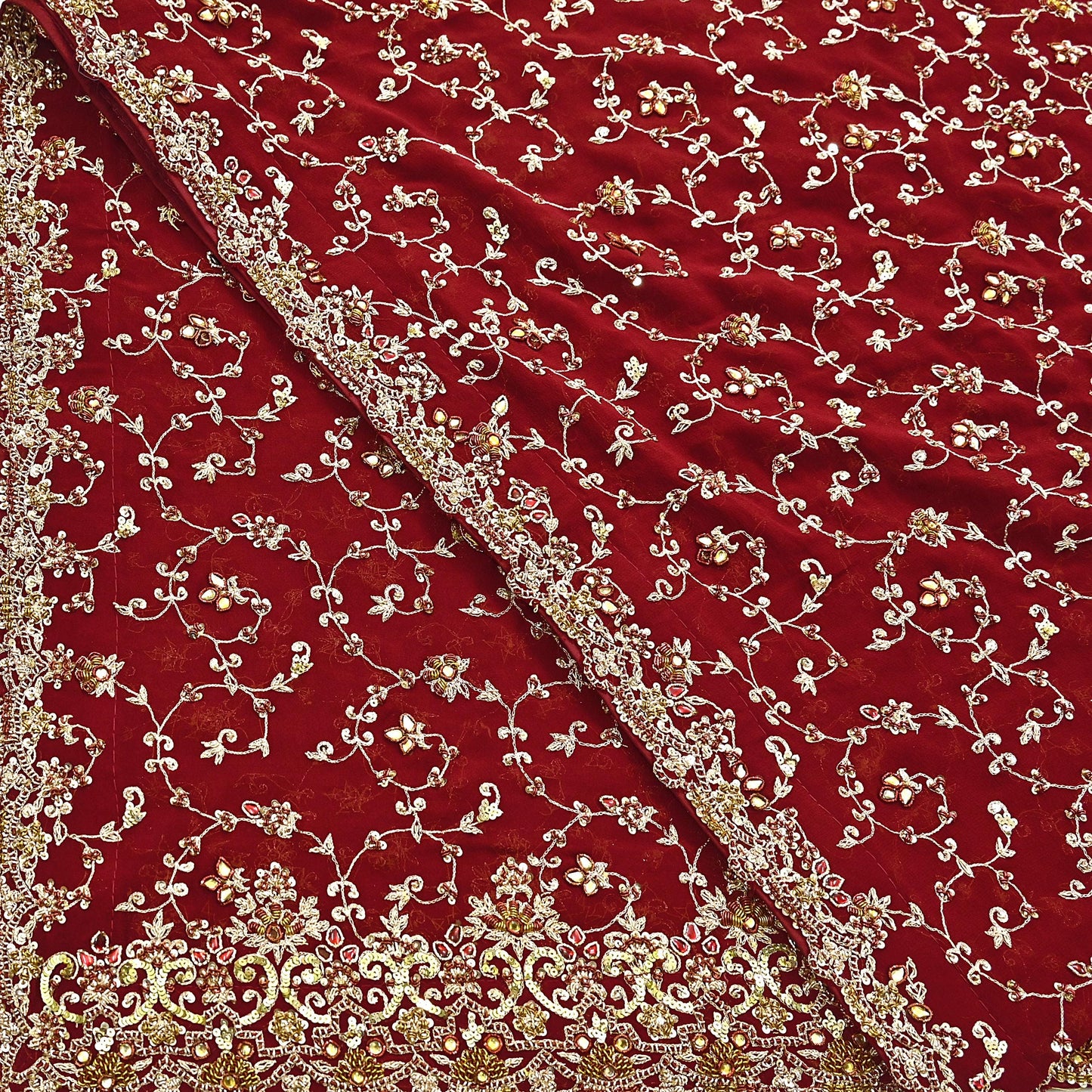 Indian Vintage Heavy Red Bridal Dupatta Pure Georgette Silk Hand Embroidered Zardozi, Dabka, Zari Work Party Wear Long Stole
