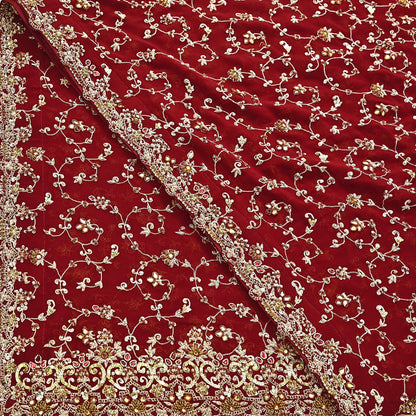 Indian Vintage Heavy Red Bridal Dupatta Pure Georgette Silk Hand Embroidered Zardozi, Dabka, Zari Work Party Wear Long Stole