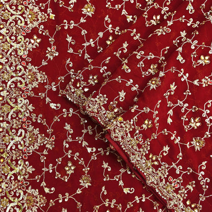 Indian Vintage Heavy Red Bridal Dupatta Pure Georgette Silk Hand Embroidered Zardozi, Dabka, Zari Work Party Wear Long Stole