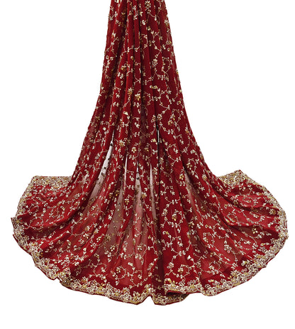 Indian Vintage Heavy Red Bridal Dupatta Pure Georgette Silk Hand Embroidered Zardozi, Dabka, Zari Work Party Wear Long Stole
