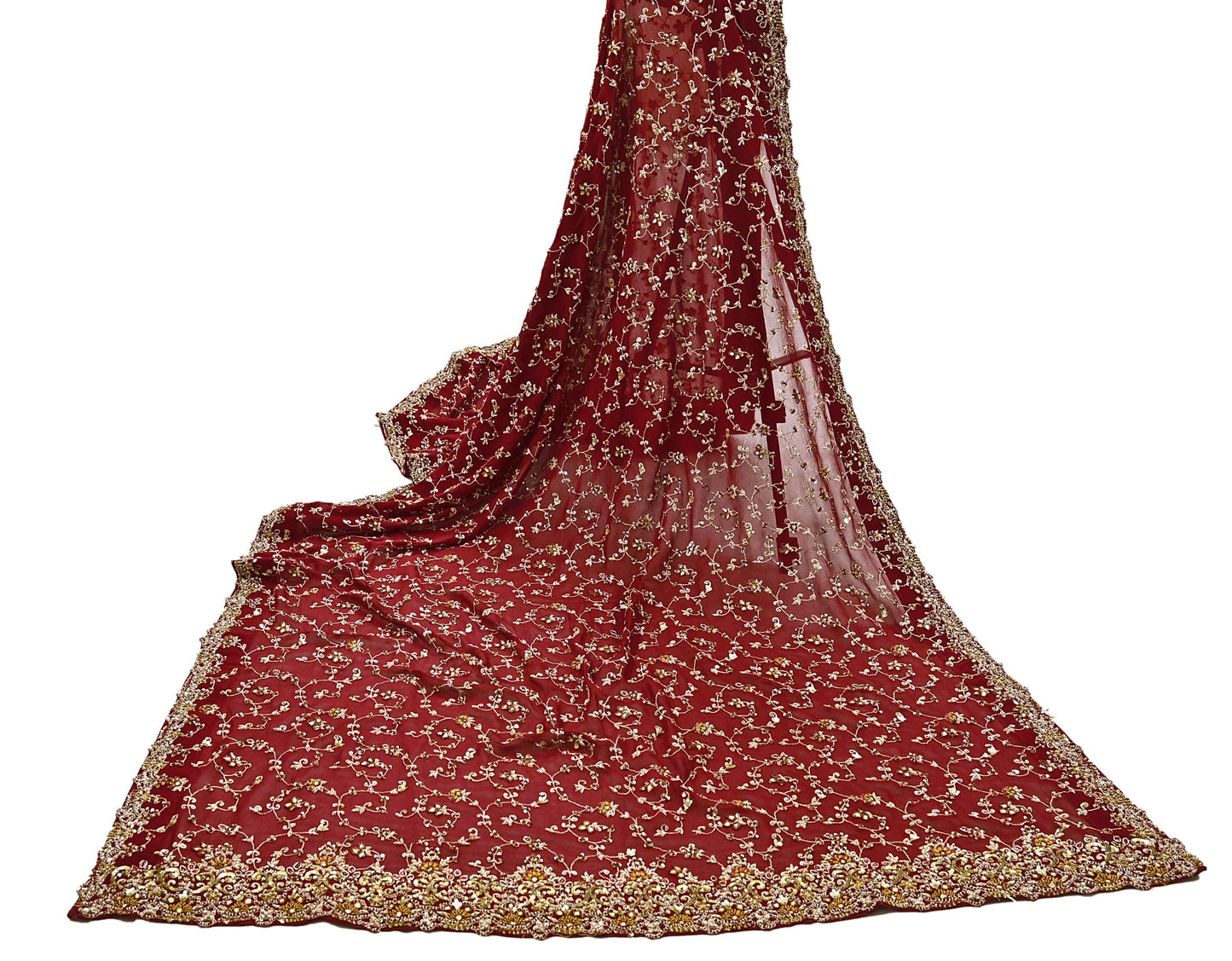 Indian Vintage Heavy Red Bridal Dupatta Pure Georgette Silk Hand Embroidered Zardozi, Dabka, Zari Work Party Wear Long Stole