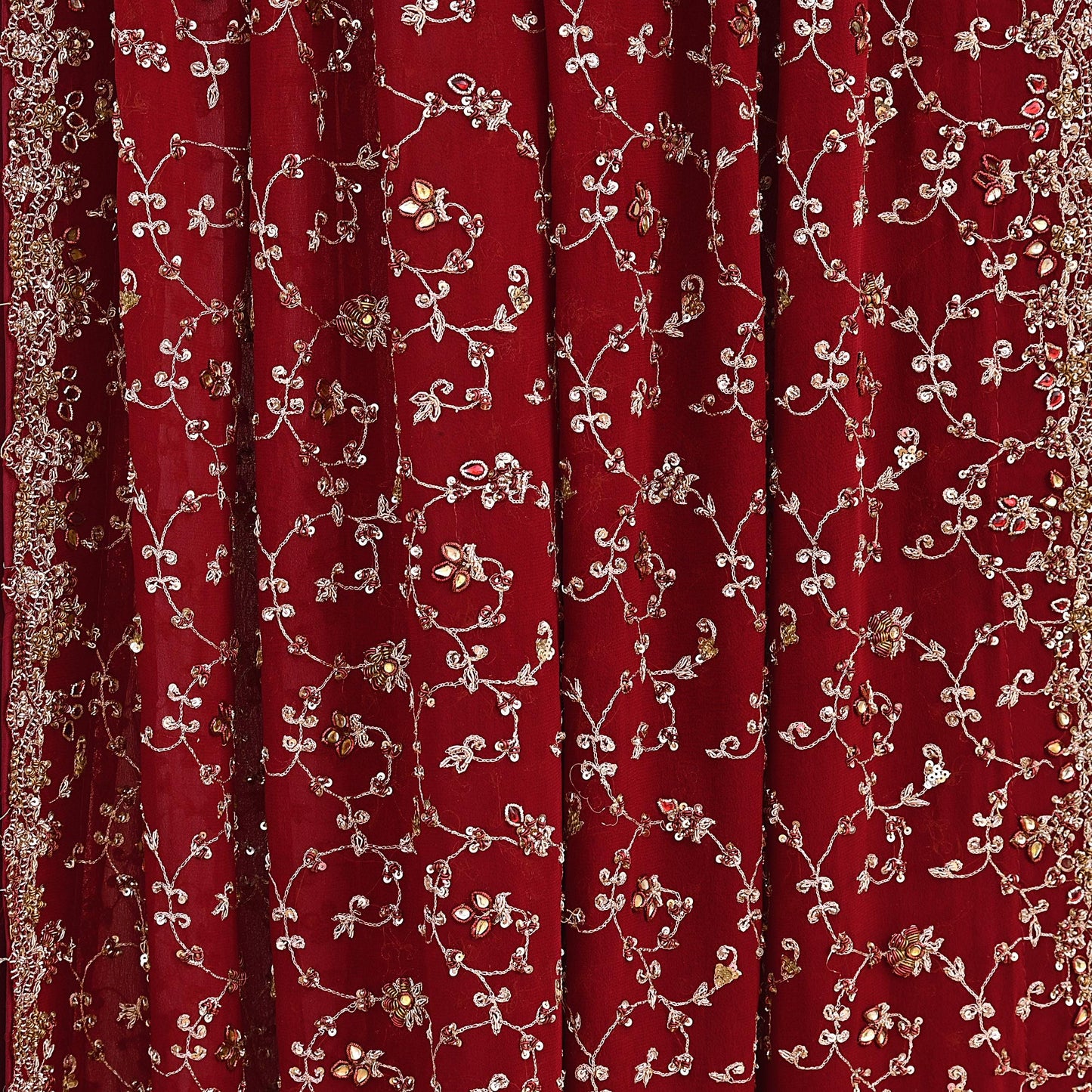 Indian Vintage Heavy Red Bridal Dupatta Pure Georgette Silk Hand Embroidered Zardozi, Dabka, Zari Work Party Wear Long Stole
