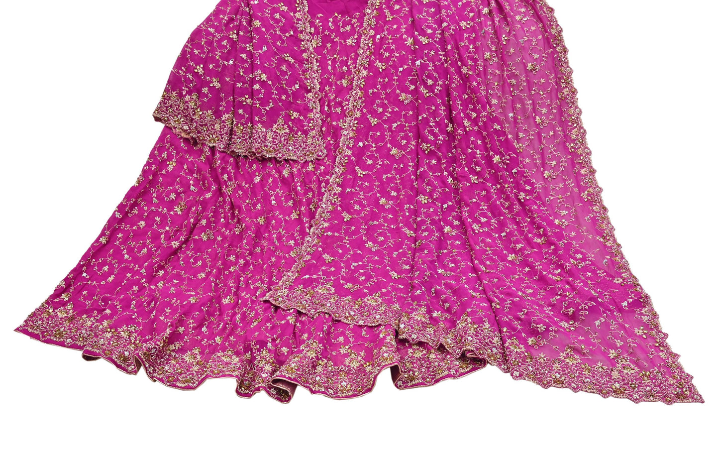 Indian Vintage Magenta Pure Georgette Silk Hand Embroidered Lehenga 2pcs Set, Bollywood Wedding Wear