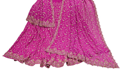 Indian Vintage Magenta Pure Georgette Silk Hand Embroidered Lehenga 2pcs Set, Bollywood Wedding Wear