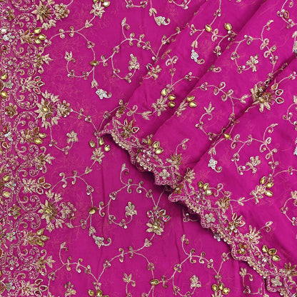 Indian Vintage Heavy Magenta Bridal Dupatta Pure Georgette Silk Hand Embroidered Zardozi, Dabka, Zari Work Party Wear Long Stole