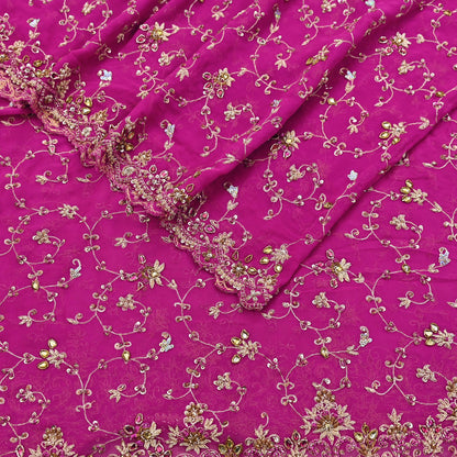 Indian Vintage Heavy Magenta Bridal Dupatta Pure Georgette Silk Hand Embroidered Zardozi, Dabka, Zari Work Party Wear Long Stole