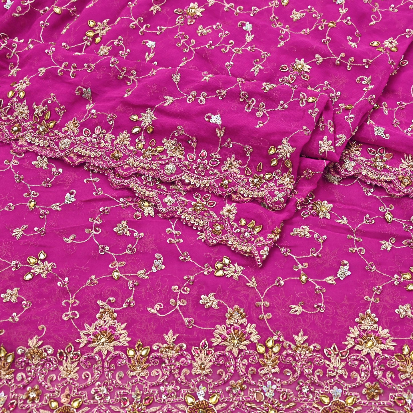 Indian Vintage Heavy Magenta Bridal Dupatta Pure Georgette Silk Hand Embroidered Zardozi, Dabka, Zari Work Party Wear Long Stole