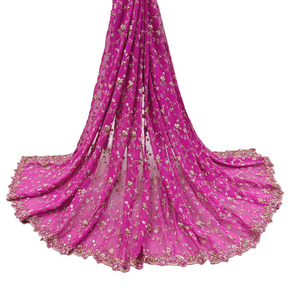 Indian Vintage Heavy Magenta Bridal Dupatta Pure Georgette Silk Hand Embroidered Zardozi, Dabka, Zari Work Party Wear Long Stole