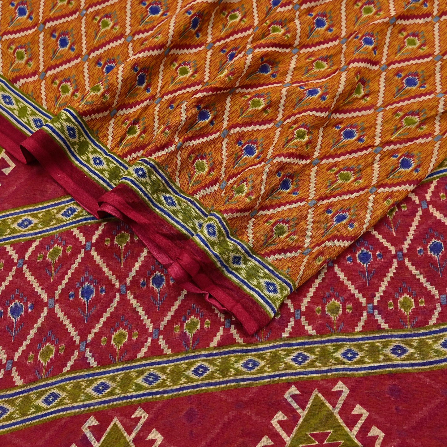 Indian Vintage Red & Mustard Saree Printed 100% Pure Cotton Sari Craft Fabric 5Yd Soft Sewing Sarong Wrap Dress Making Quilting Crafting