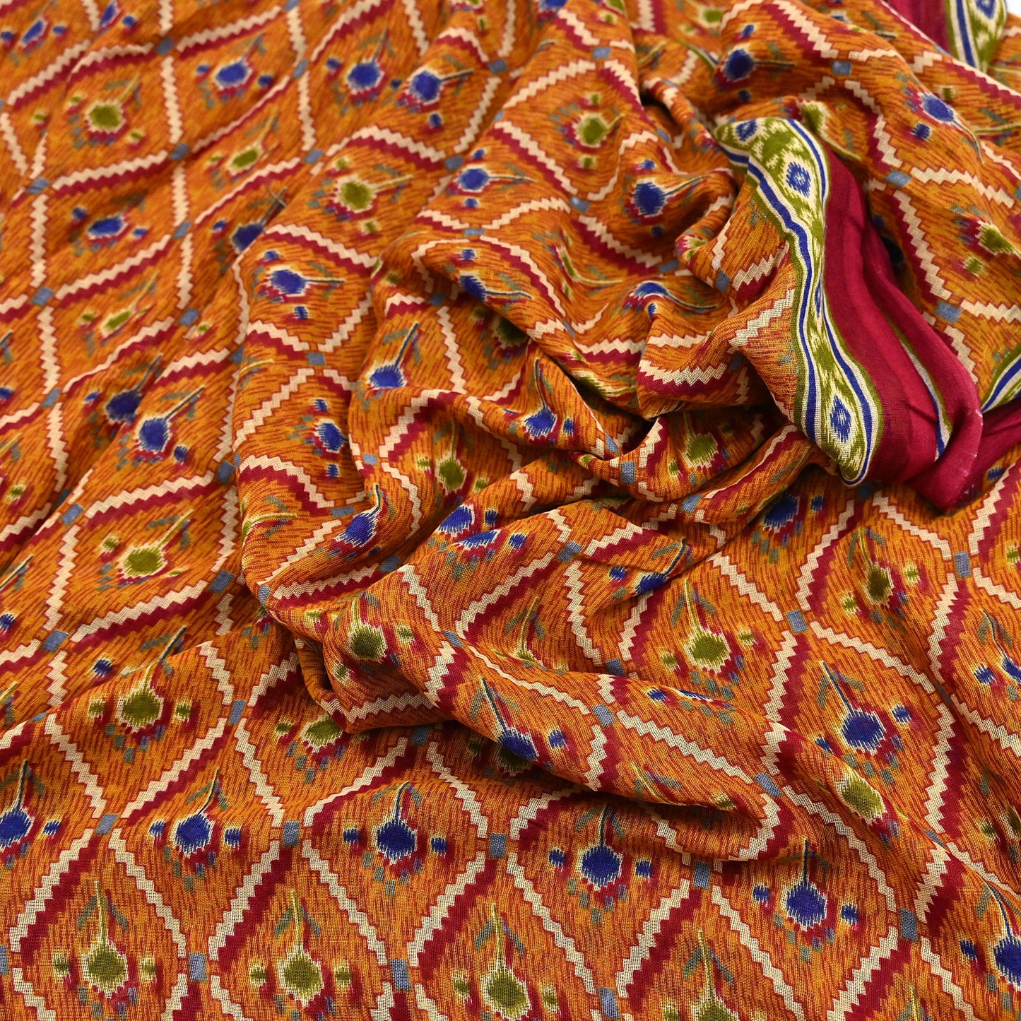 Indian Vintage Red & Mustard Saree Printed 100% Pure Cotton Sari Craft Fabric 5Yd Soft Sewing Sarong Wrap Dress Making Quilting Crafting