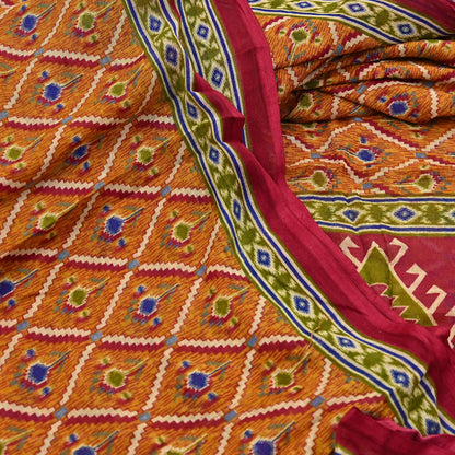 Indian Vintage Red & Mustard Saree Printed 100% Pure Cotton Sari Craft Fabric 5Yd Soft Sewing Sarong Wrap Dress Making Quilting Crafting