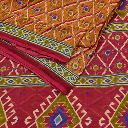 Indian Vintage Red & Mustard Saree Printed 100% Pure Cotton Sari Craft Fabric 5Yd Soft Sewing Sarong Wrap Dress Making Quilting Crafting