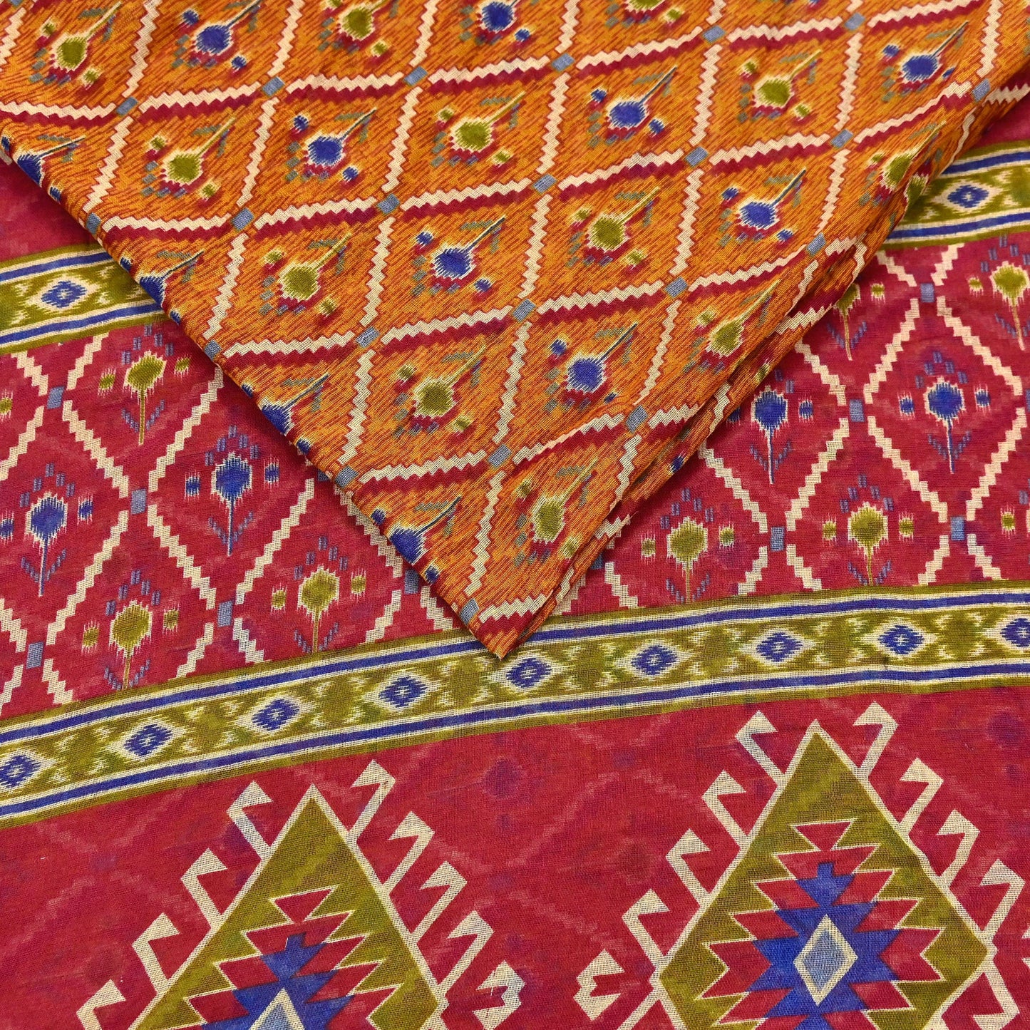 Indian Vintage Red & Mustard Saree Printed 100% Pure Cotton Sari Craft Fabric 5Yd Soft Sewing Sarong Wrap Dress Making Quilting Crafting