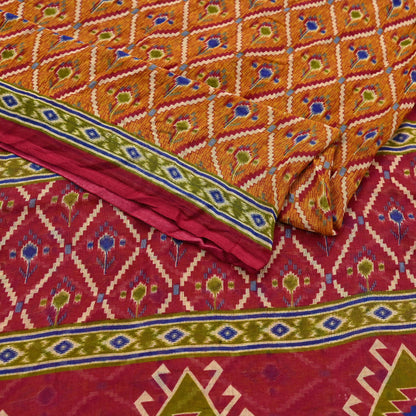 Indian Vintage Red & Mustard Saree Printed 100% Pure Cotton Sari Craft Fabric 5Yd Soft Sewing Sarong Wrap Dress Making Quilting Crafting