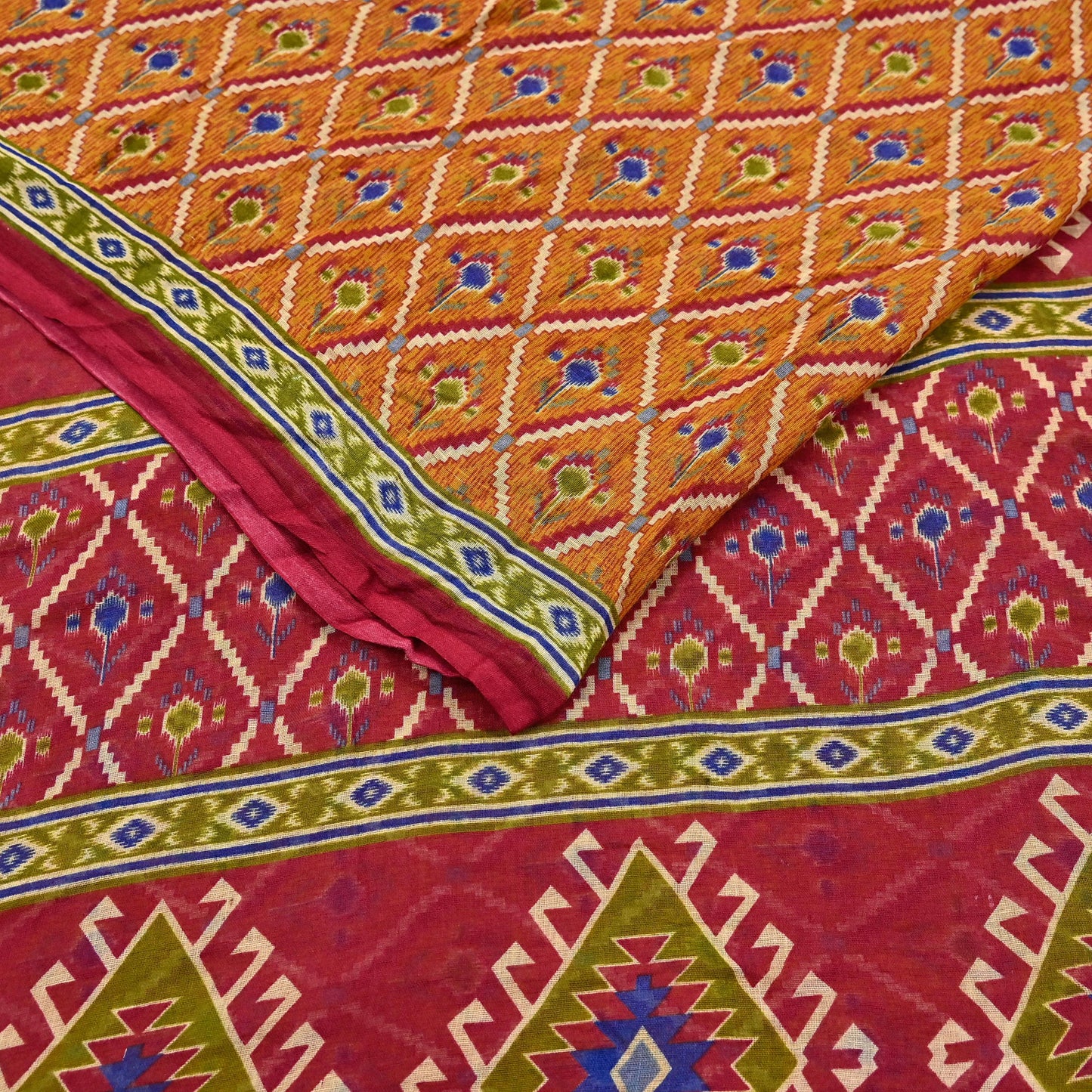 Indian Vintage Red & Mustard Saree Printed 100% Pure Cotton Sari Craft Fabric 5Yd Soft Sewing Sarong Wrap Dress Making Quilting Crafting