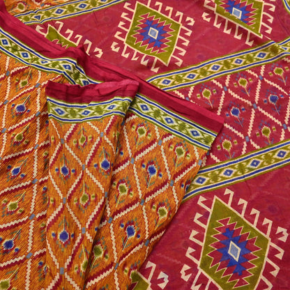 Indian Vintage Red & Mustard Saree Printed 100% Pure Cotton Sari Craft Fabric 5Yd Soft Sewing Sarong Wrap Dress Making Quilting Crafting